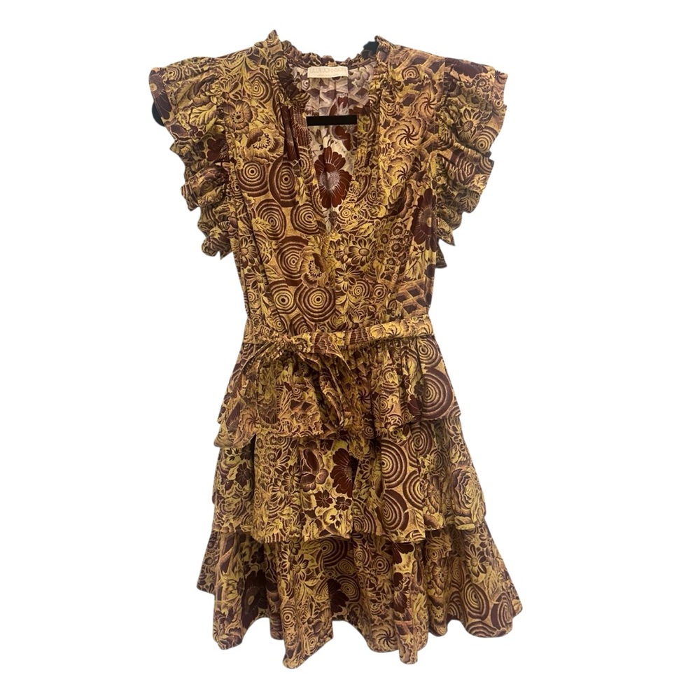 Ulla Johnson ruffled brown and yellow floral dress sash tie ruffle sleeve 4 EUC